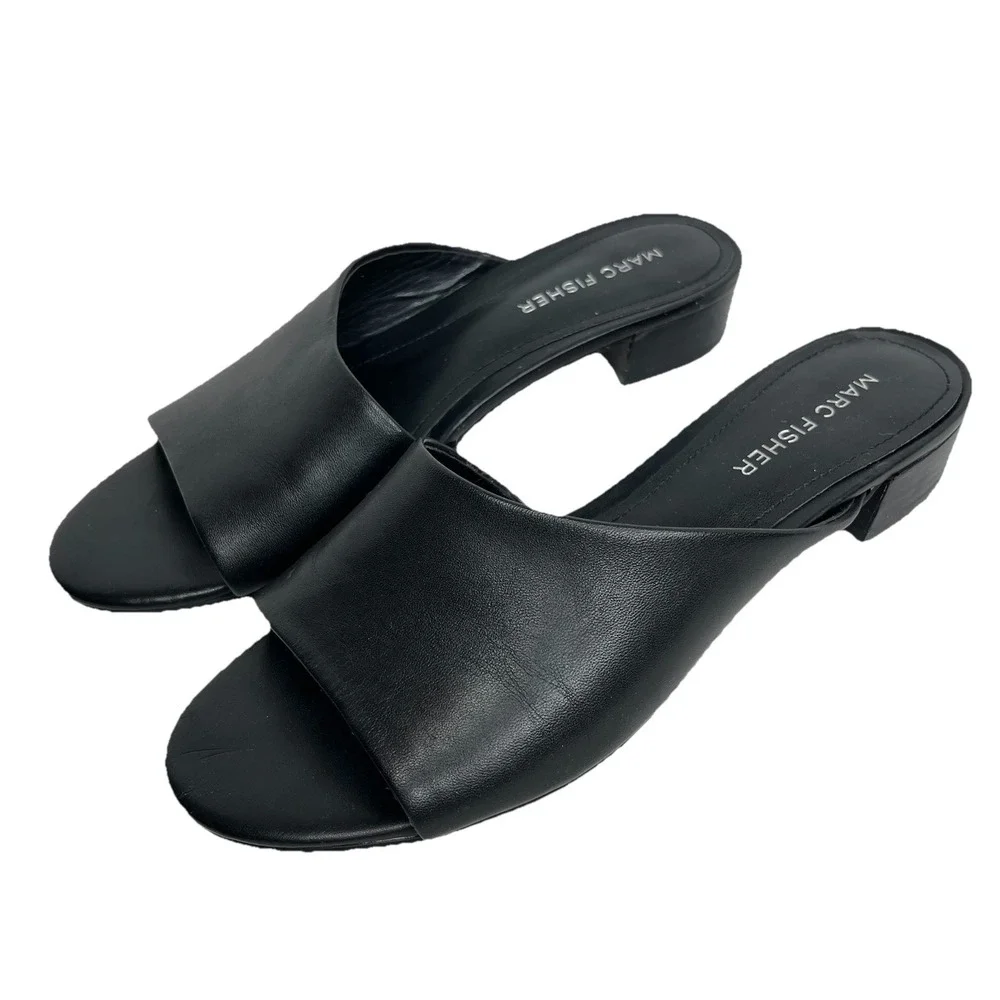 Marc Fisher Leather Slides Sandals Black Women's 6 Luxury Resort Boho Casual